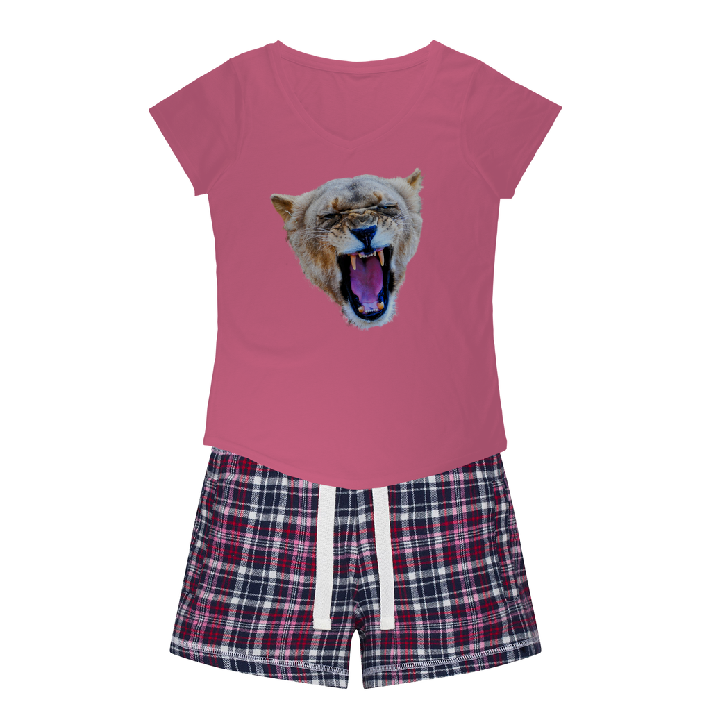 Ladies PJs: Lion printed on a pink shirt. Matching flannel shorts with white navy&pink colours