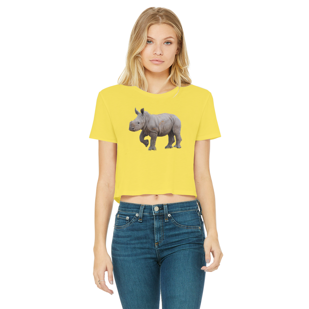 a baby rhino print on a yellow cropped t-shirt with a round neck