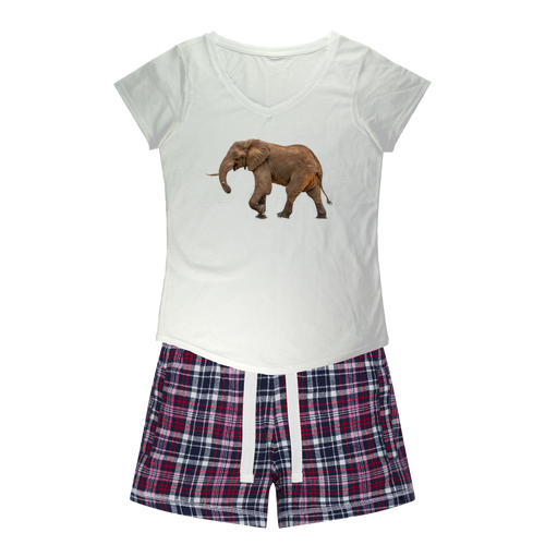 Ladies PJs: Elephant on a white shirt. Matching flannel shorts with white navy&pink colours