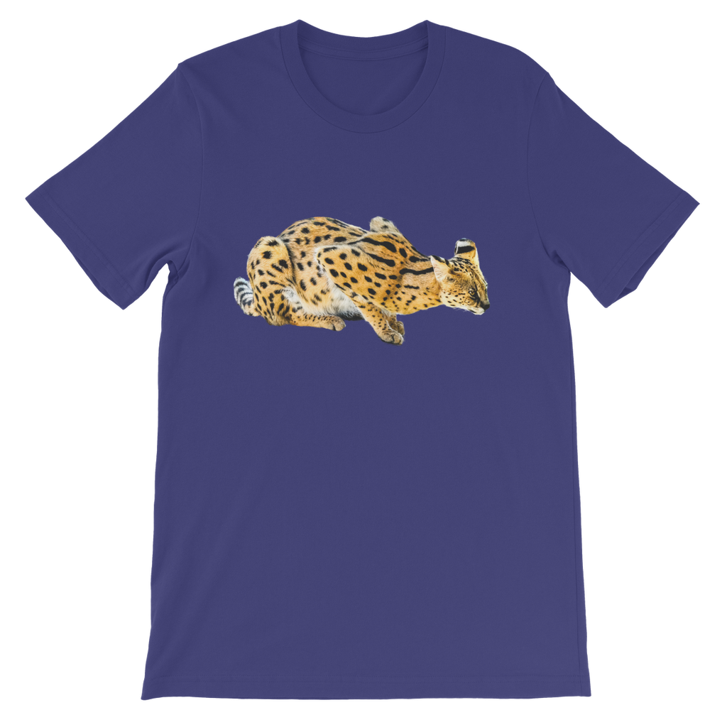 dark blue round neck childrens t-shirt with crouching african serval cat