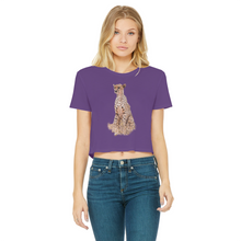 Load image into Gallery viewer, A young woman wearing a purple cropped t-shirt with a cheetah printed on the front
