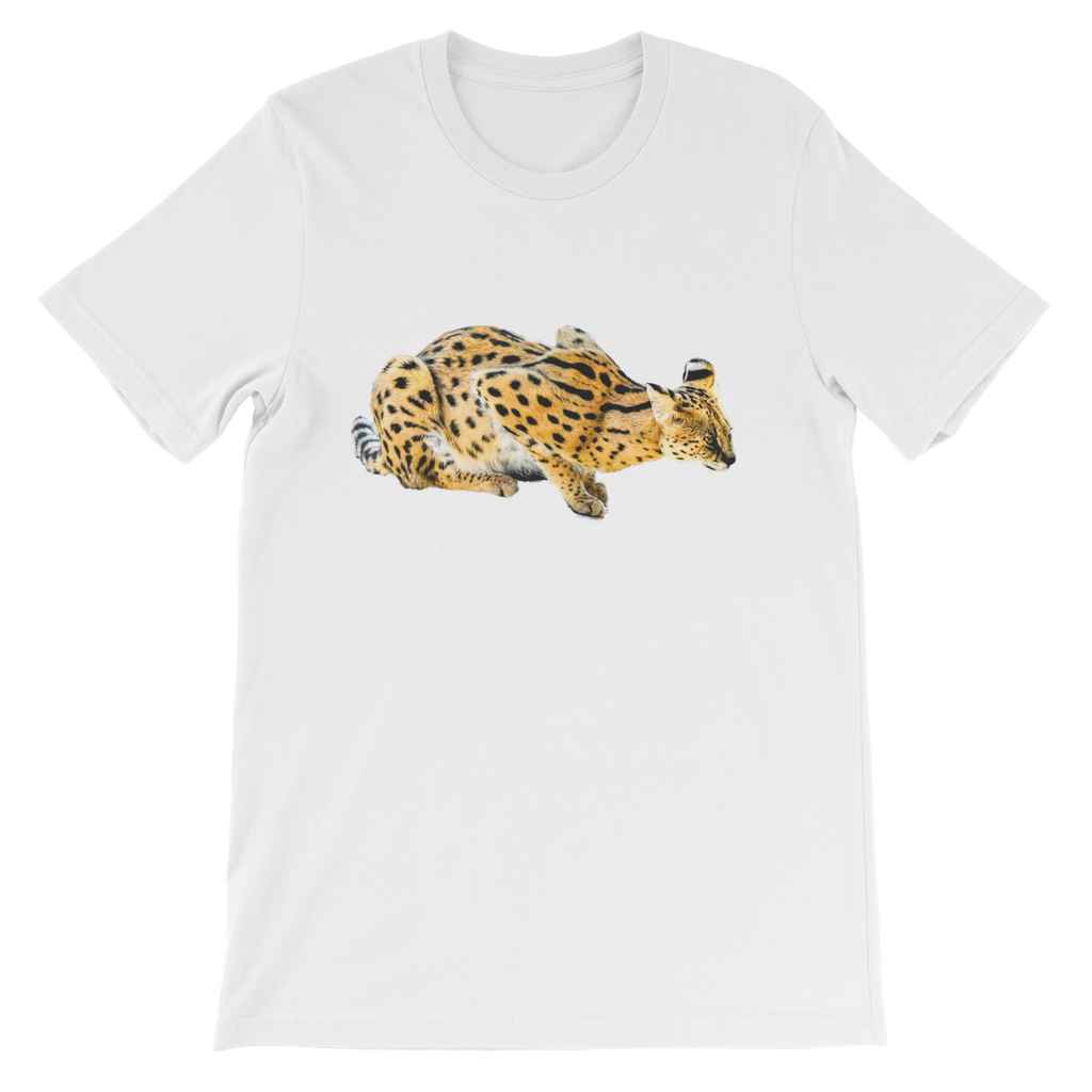 white t-shirt with crouching african serval cat