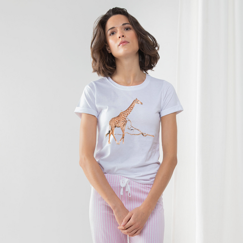 Ladies pyjama set with african giraffe on the front of a white t-shirt and pink long pants