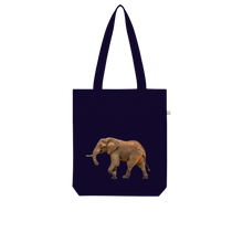 Load image into Gallery viewer, Black organic cotton tote bag with a large photographic print of an elephant
