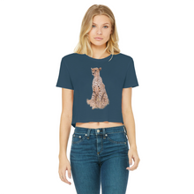 Load image into Gallery viewer, A cheetah t-shirt that is cropped and round necked for women
