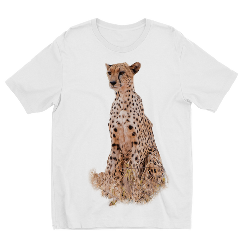 A white t-shirt with a round neck and a large print of an adult cheetah on the front. 