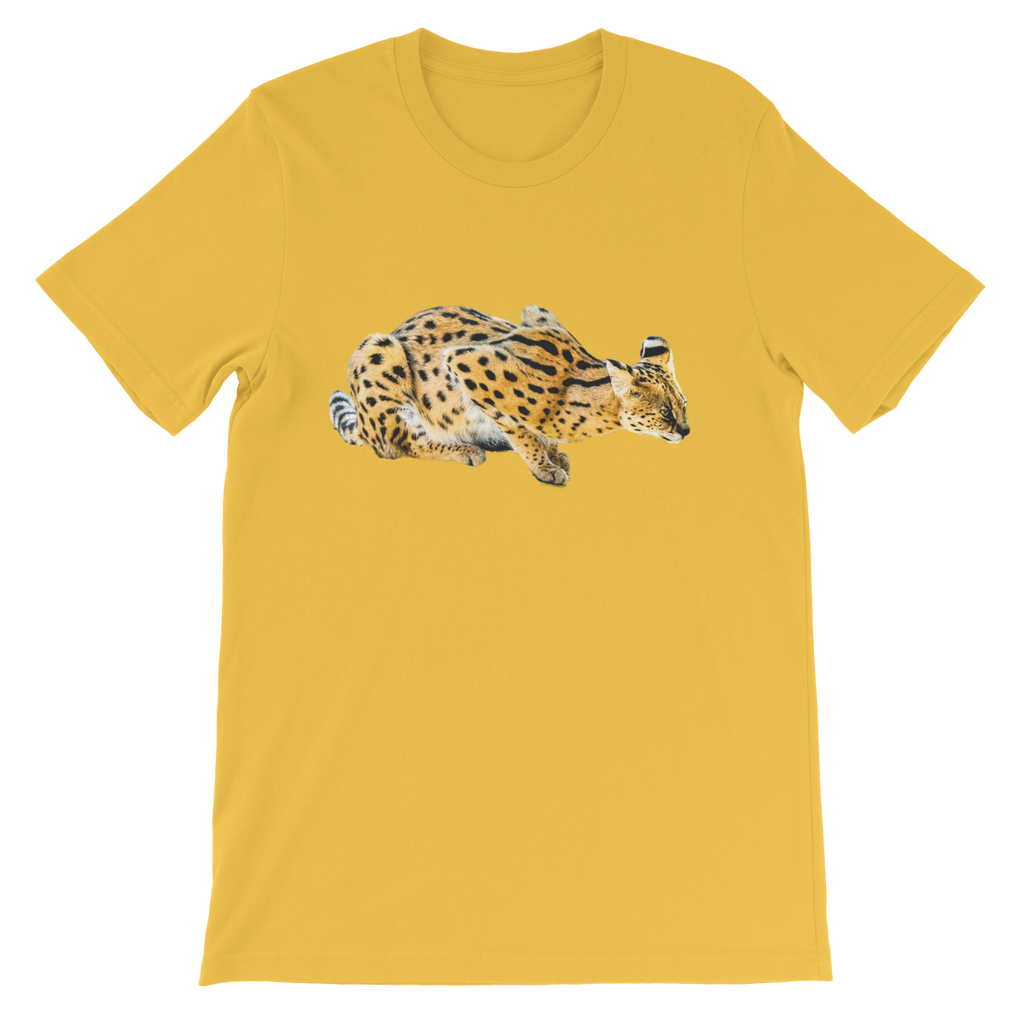 yellow t-shirt with crouching african serval cat