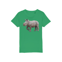 Load image into Gallery viewer, Parakeet green t shirt with a Baby Rhino print for girls and boys
