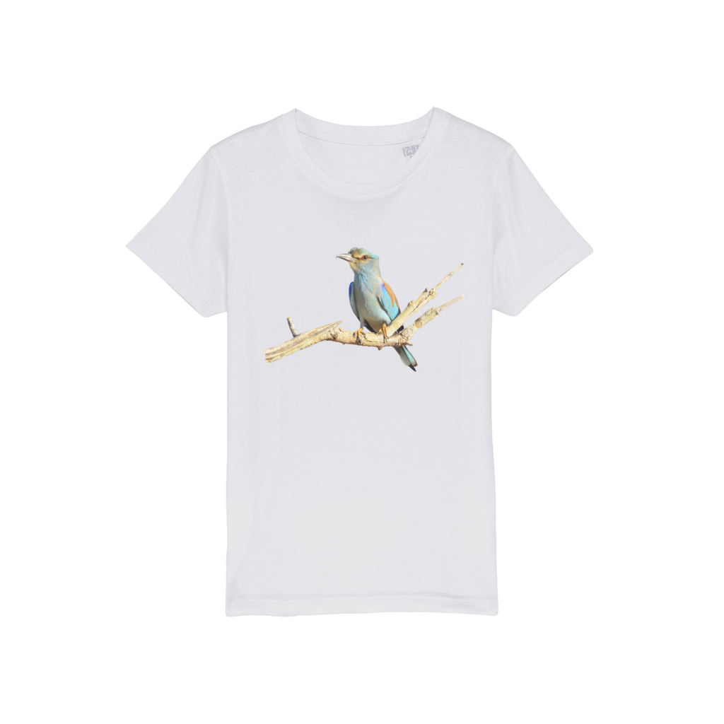 a white t-shirt made for kids with a roller bird on the front