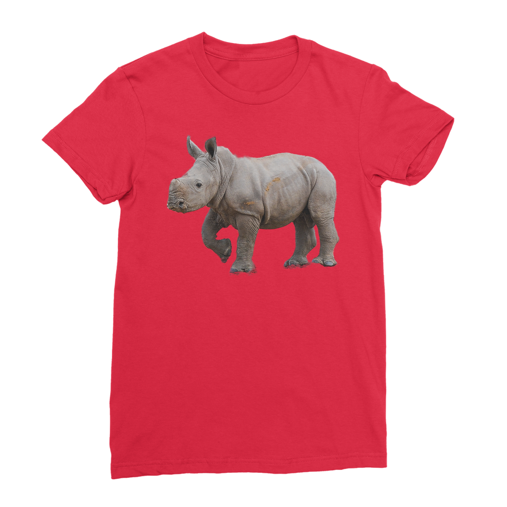 red t-shirt with a baby rhino print for women