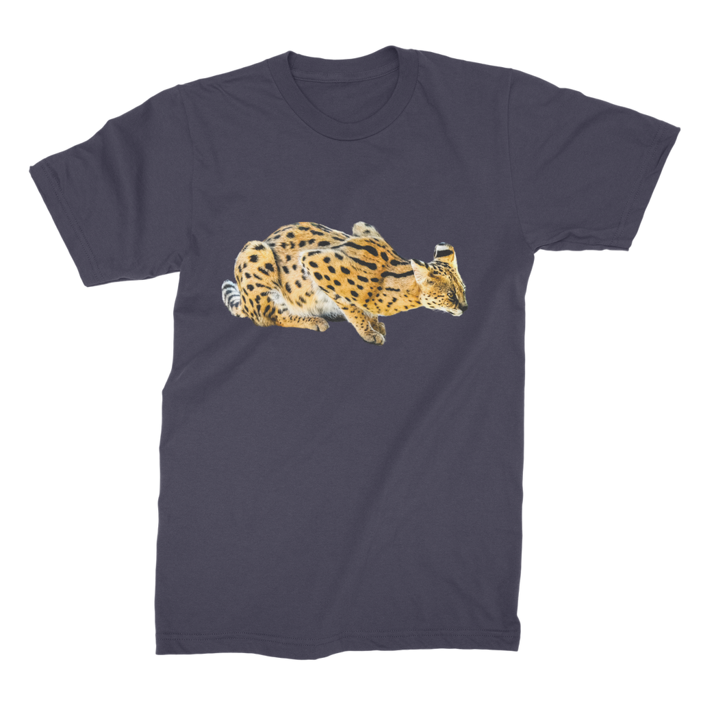 Navy round neck t-shirt with an African Serval Cat 