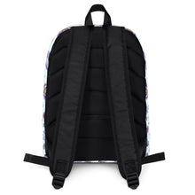 Load image into Gallery viewer, Back of light blue backpack with a blue and purple floral pattern
