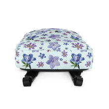 Load image into Gallery viewer, Bottom of light blue backpack with a blue and purple floral pattern
