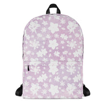 Load image into Gallery viewer, Pink wildflower backpack in a water resistant material from the front.
