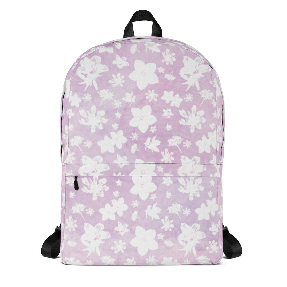 Pink wildflower backpack in a water resistant material from the front.