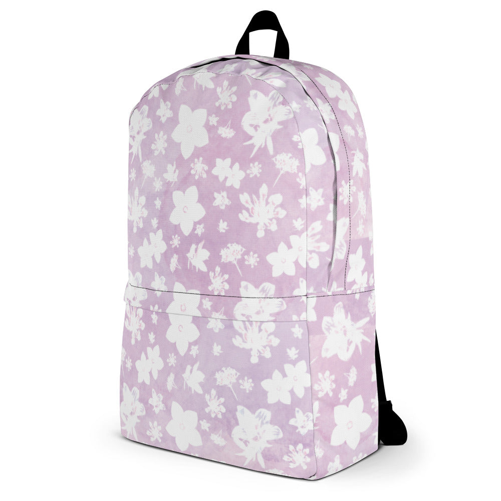 Pink wildflower backpack in a water resistant material from the right side.