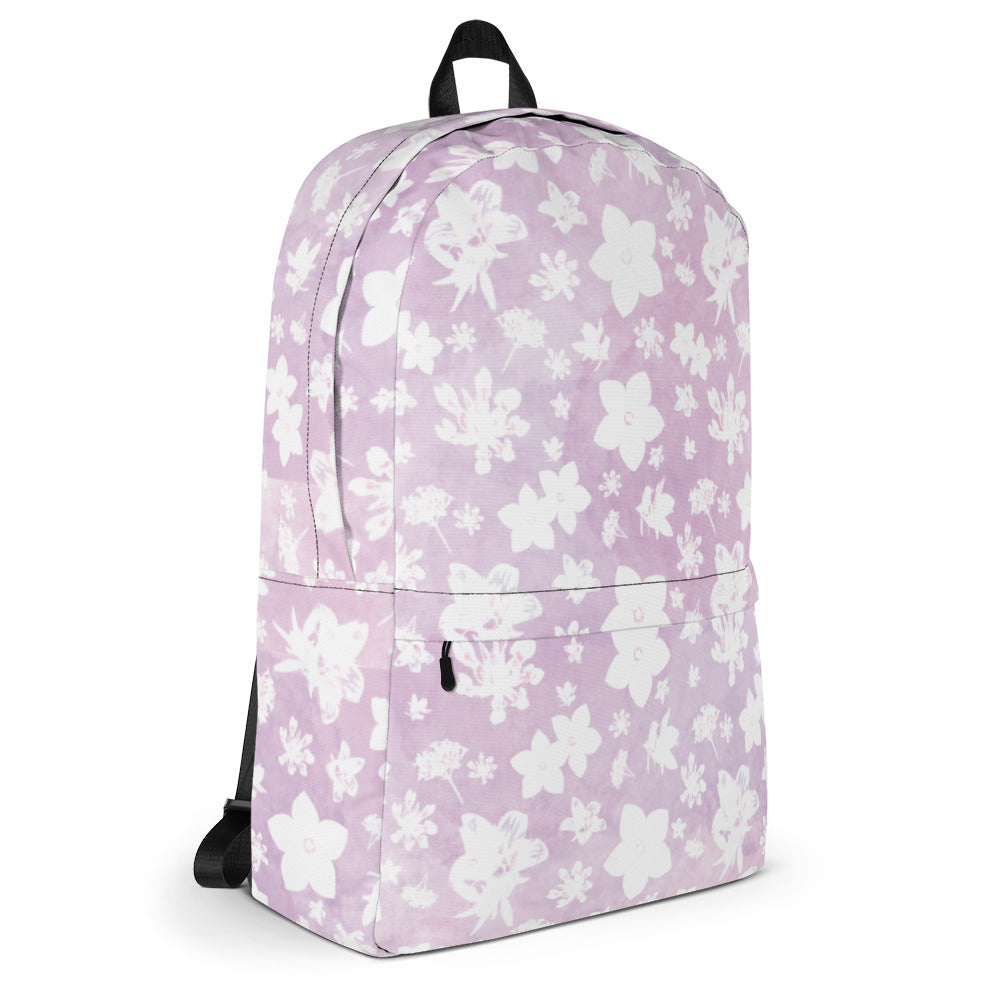 Pink wildflower backpack in a water resistant material from the left side.