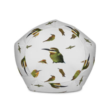 Load image into Gallery viewer, Bottom view of a pale grey bean bag with madagascar bee eater birds printed in a repeating pattern
