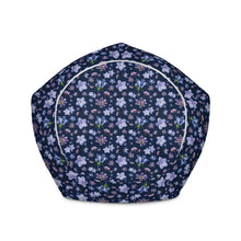 Load image into Gallery viewer, Bottom view of a dark navy bean bag chair with a blue and purple floral repeating pattern
