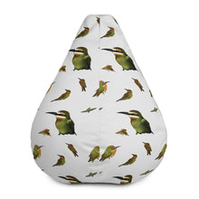 Load image into Gallery viewer, Front view of a pale grey bean bag with madagascar bee eater birds printed in a repeating pattern
