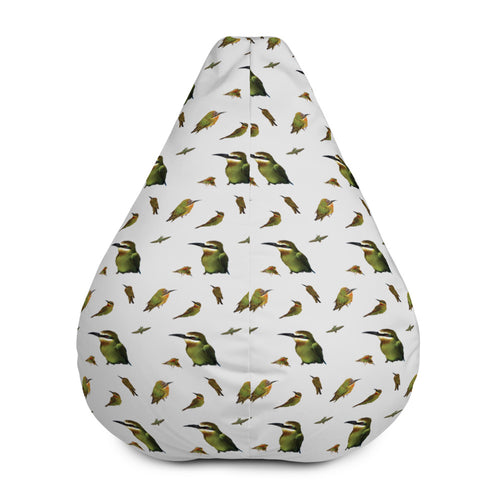 Front view of a pale grey bean bag with madagascar bee eater birds printed in a repeating pattern