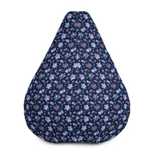 Load image into Gallery viewer, Front view of a dark navy bean bag chair with a blue and purple floral repeating pattern
