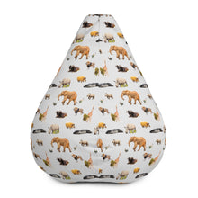Load image into Gallery viewer, Front of light grey bean bag chair with repeating pattern of african animals
