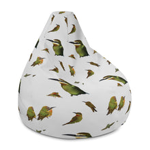 Load image into Gallery viewer, Side view of a pale grey bean bag with madagascar bee eater birds printed in a repeating pattern
