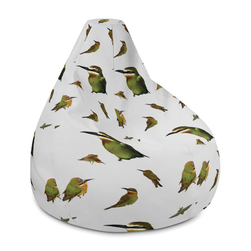Side view of a pale grey bean bag with madagascar bee eater birds printed in a repeating pattern
