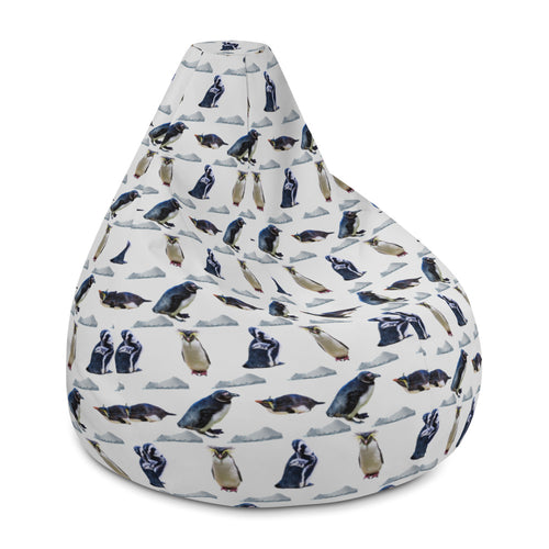 Side of light grey bean bag chair with repeating pattern of penguins and icebergs