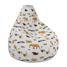 Load image into Gallery viewer, Side of light grey bean bag chair with repeating pattern of african animals
