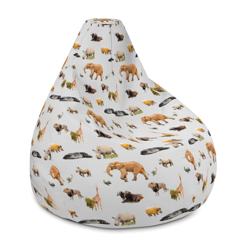 Side of light grey bean bag chair with repeating pattern of african animals