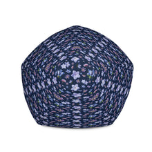 Load image into Gallery viewer, Top view of a dark navy bean bag chair with a blue and purple floral repeating pattern
