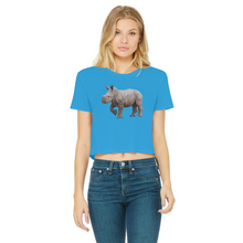 Load image into Gallery viewer, a round necked blue cropped shirt with a rhino calf on the chest
