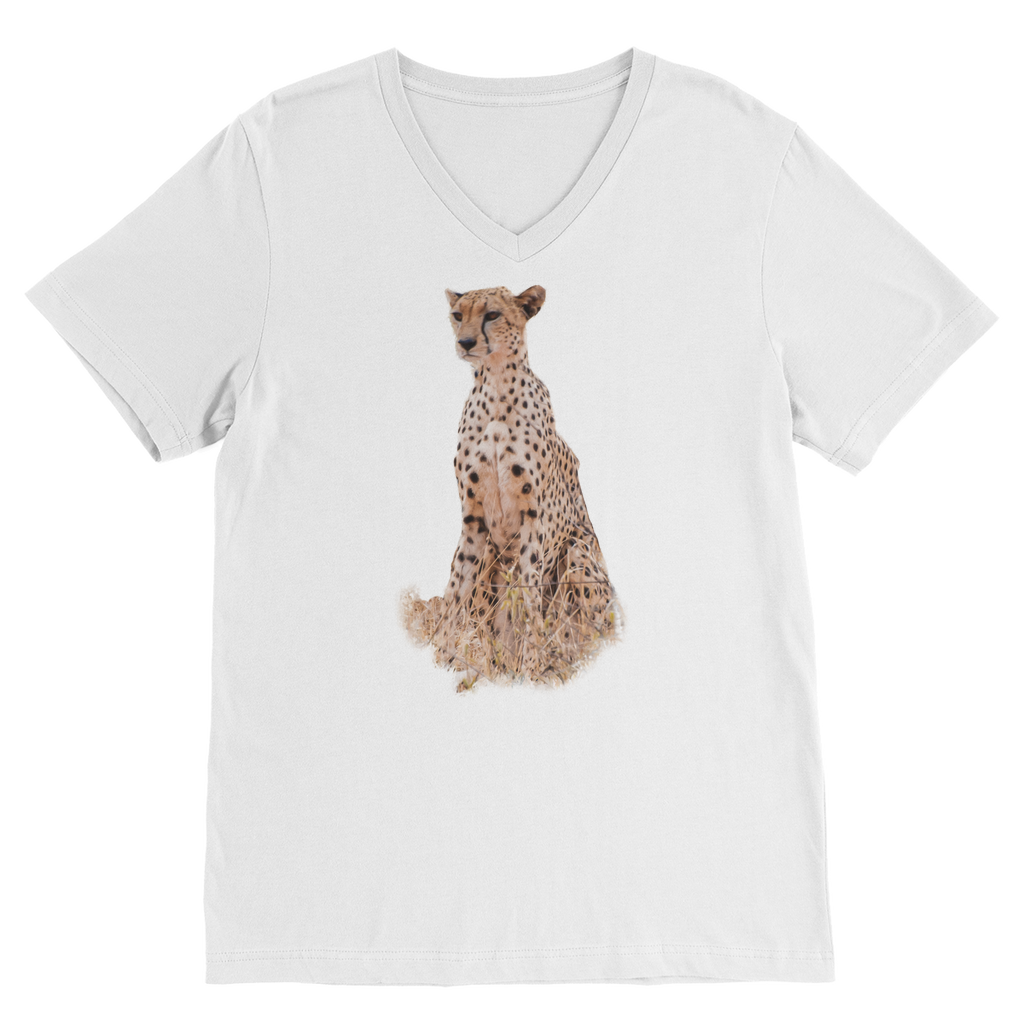 A v-neck white t-shirt with a cheetah printed on the front