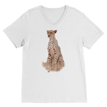 Load image into Gallery viewer, A v-neck white t-shirt with a cheetah printed on the front
