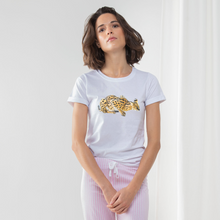 Load image into Gallery viewer, Pyjama set with african serval cat on the front of a white t-shirt and pink bottoms

