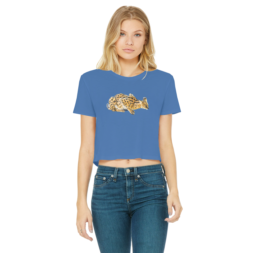 Cornflower blue cropped t-shirt for women with a Serval 