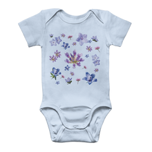 Charger l&#39;image dans la galerie, Light blue onesie for babies with a blue and purple floral pattern on front

