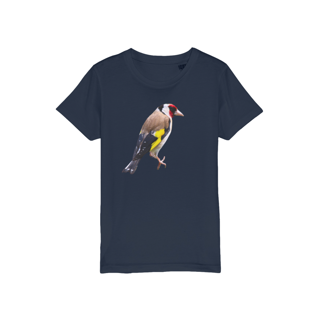 a navy shirt for children with a garden bird on the front, a goldfinch.