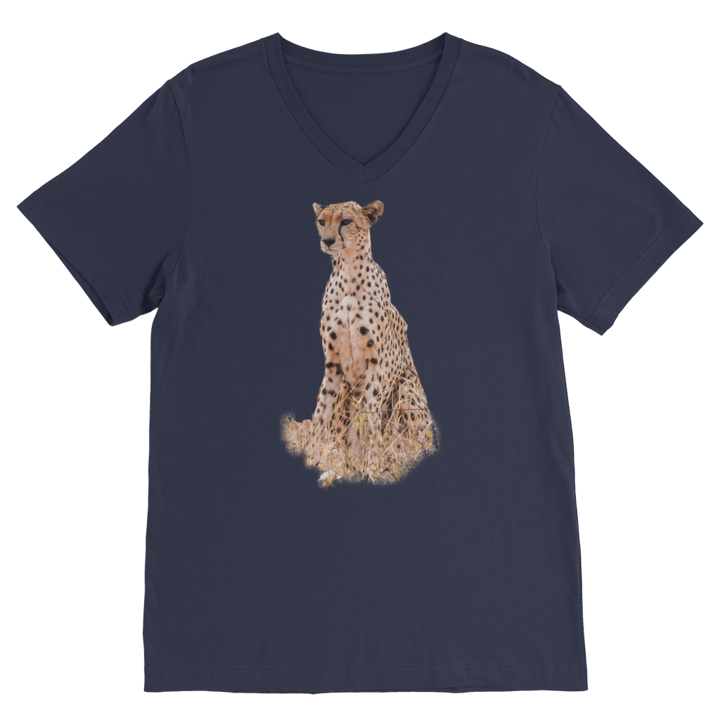 A large print cheetah on a navy v-neck t-shirt