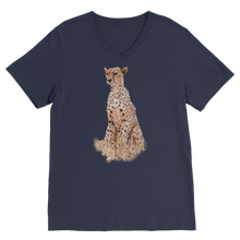 Load image into Gallery viewer, A large print cheetah on a navy v-neck t-shirt

