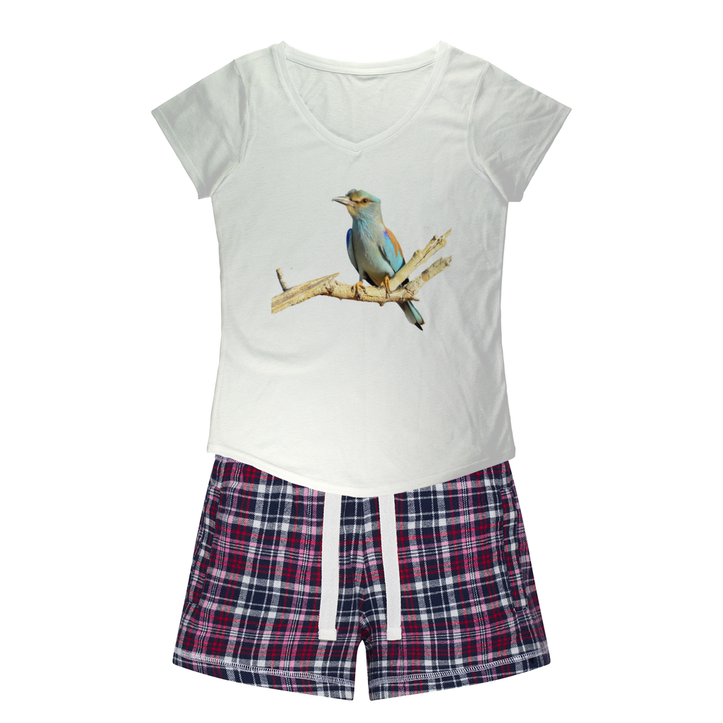 Ladies PJs: Roller bird on a white shirt. Matching flannel shorts with white navy&pink colours