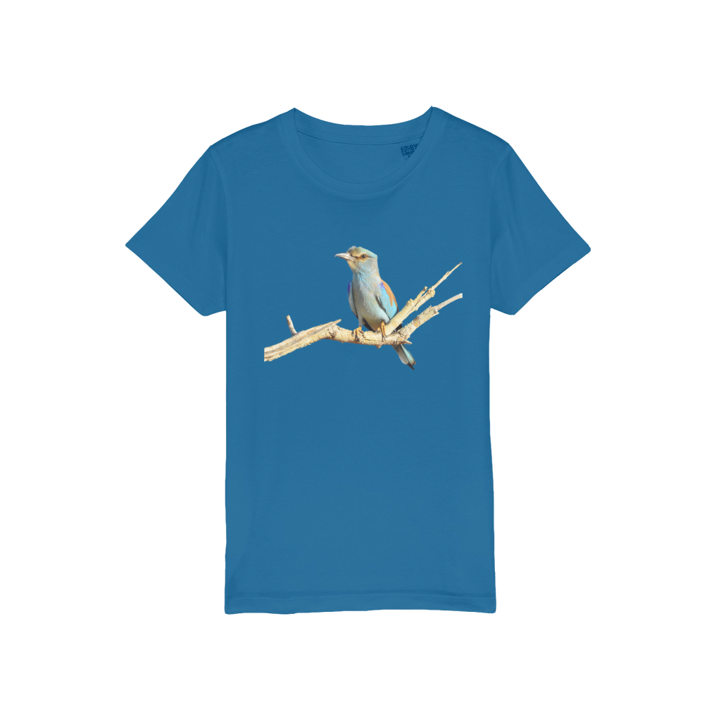 a blue tee for children with a roller bird printed on the chest