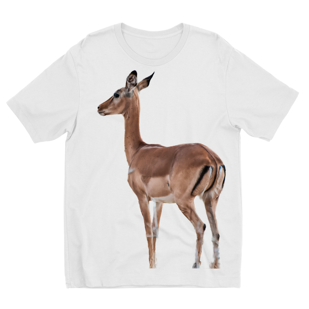 A white t-shirt for kids with a large print of an African impala.
