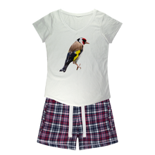Load image into Gallery viewer, Ladies PJs: Goldfinch bird on a white shirt. Matching flannel shorts with white navy&amp;pink colours
