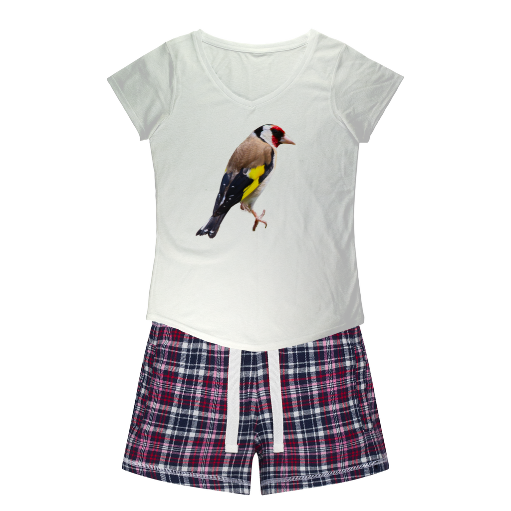 Ladies PJs: Goldfinch bird on a white shirt. Matching flannel shorts with white navy&pink colours
