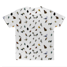 Load image into Gallery viewer, A white t-shirt with garden bird pattern. 
