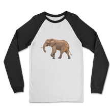Load image into Gallery viewer, White long sleeve shirt with black sleeves and a photographic print of an elephant on the front. 
