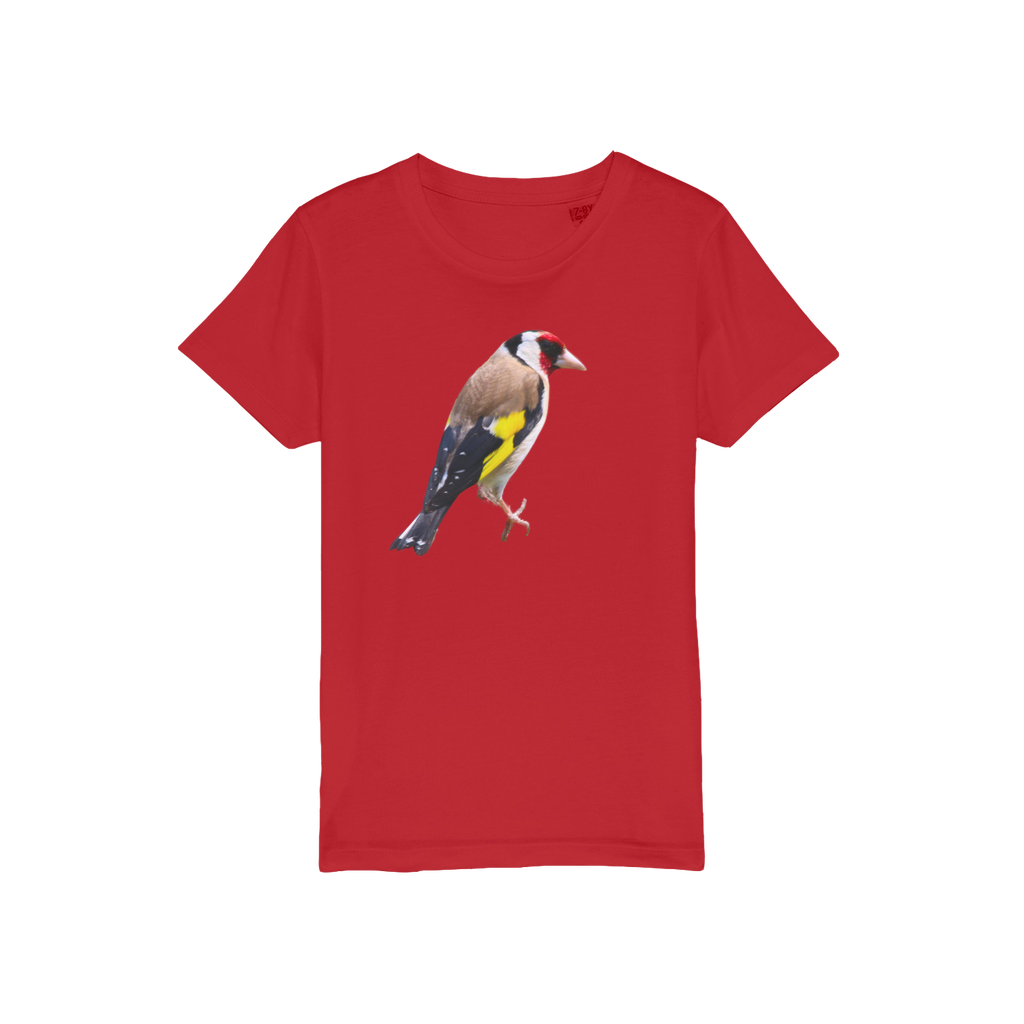 A red kids t-shirt with a goldfinch print.